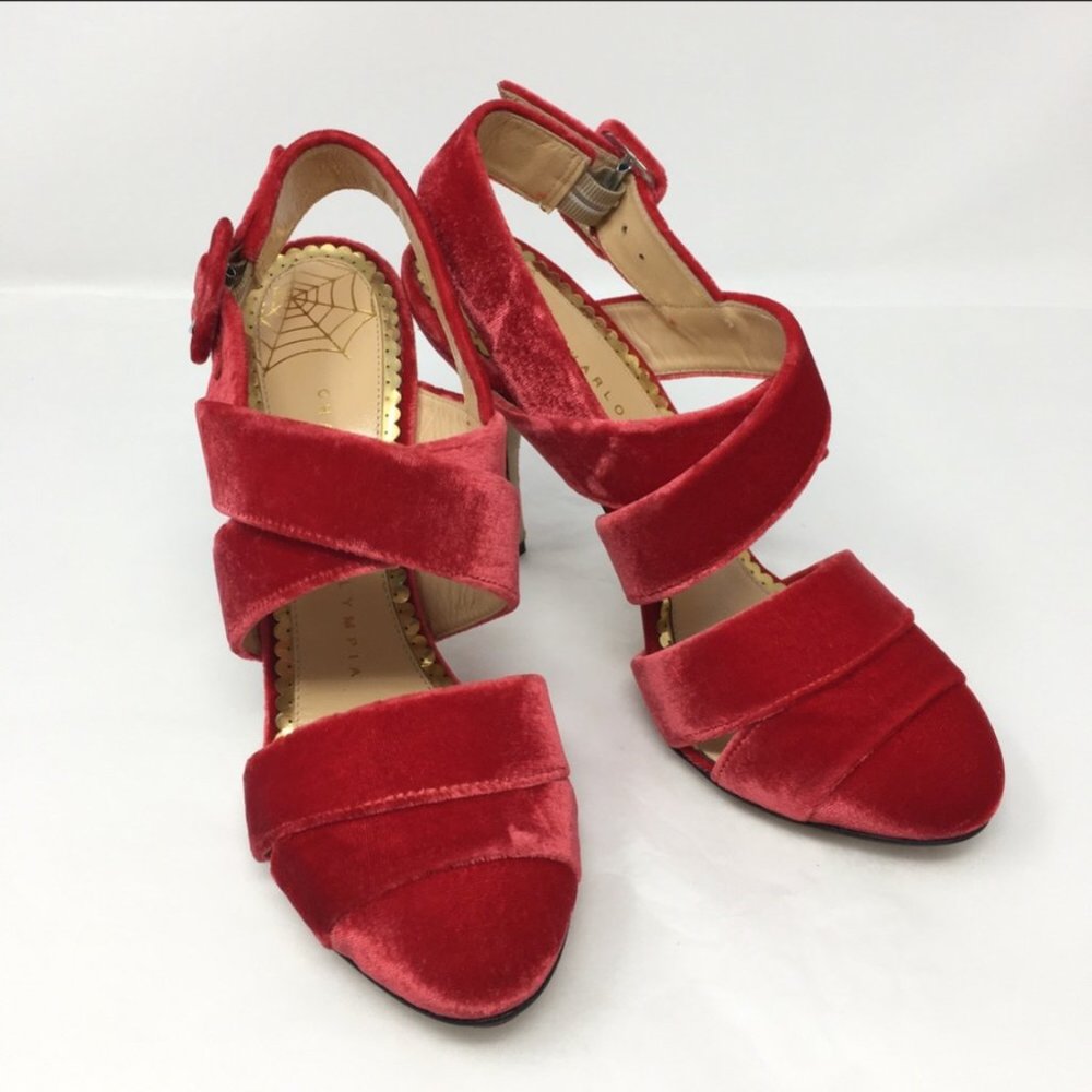 New Charlotte Olympia Red Velvet Strappy Heels - Picture 4 of 5